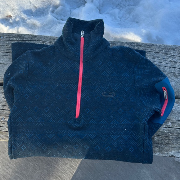 Icebreaker Sweaters - Icebreaker Merino Blue Pullover with Pink Trim